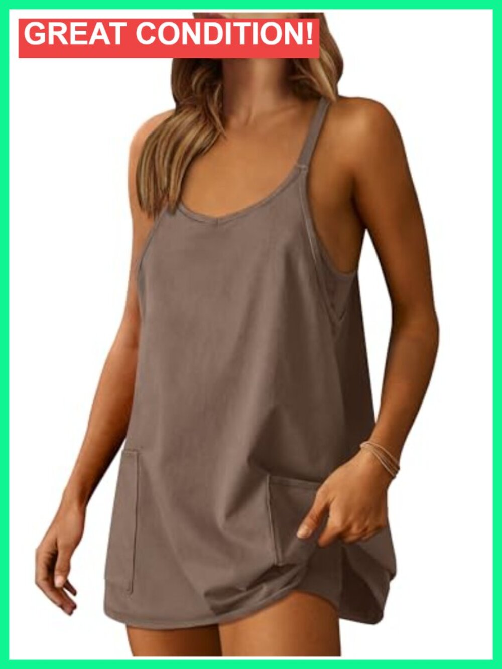 Athletic Mini Dress with Built-in Shorts, Spaghetti Strap, V-Neck, Activewear